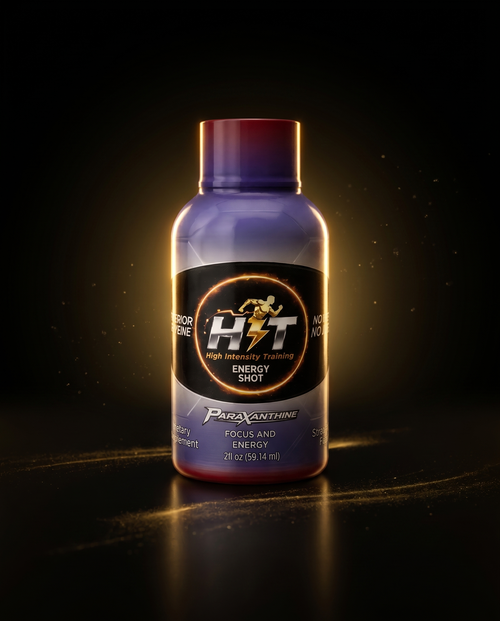 HIT Energy Shot single bottle on black and gold