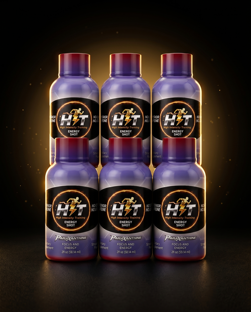 HIT Energy Shot 6-pack on black and gold