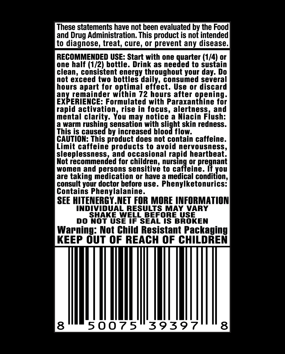 HIT Energy Shot label panel: recommended use, cautions and warnings
