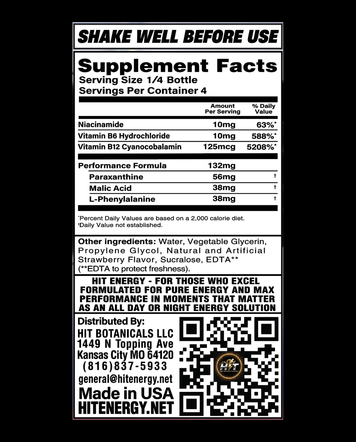 HIT Energy Shot Supplement Facts: 1/4 bottle serving, 4 per container, 56 mg paraxanthine